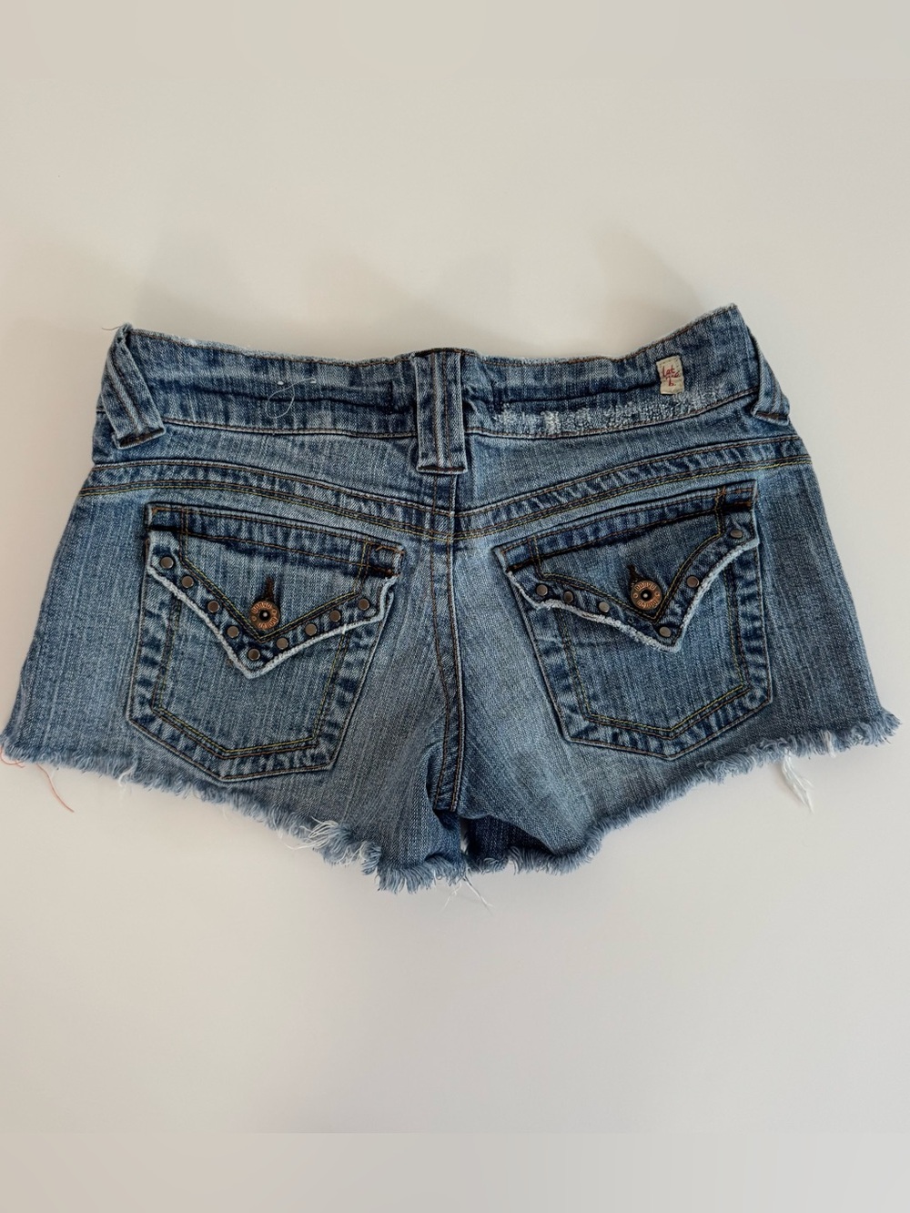 BONGO Medium Blue Denim Frayed Cutoff Shorts with Studded Back Pockets